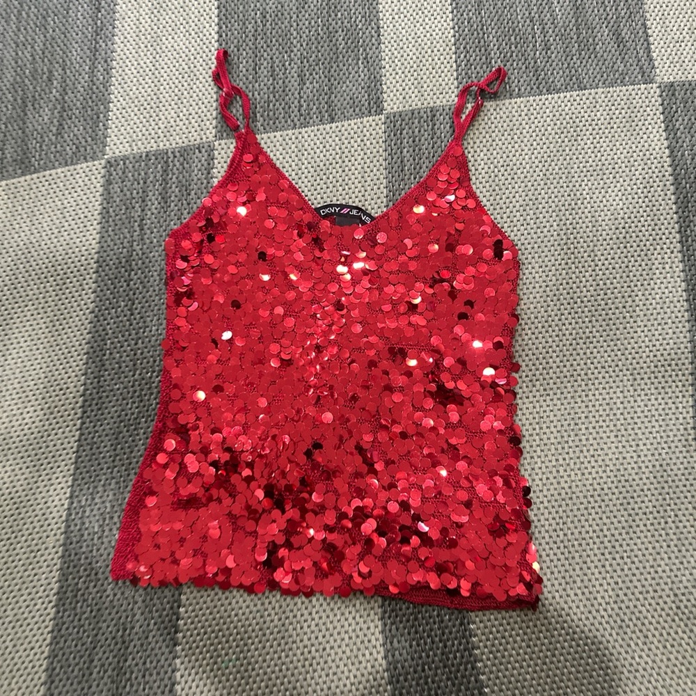 DKNY Red Sequin Spaghetti Strap Camisole
